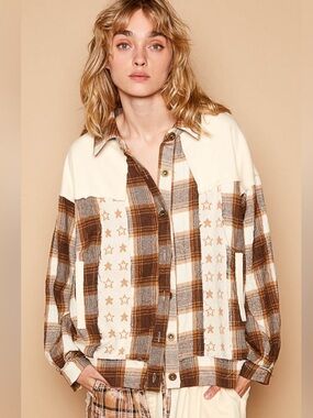 #190-55 POL New Cream Shacket with Rust Plaid and Red Star Details